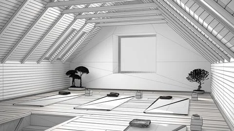 Unfinished project of empty yoga studio interior design, minimal open space w Stock Illustration