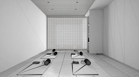 Unfinished project of empty yoga studio interior design, space with mats, pil Stock Illustration