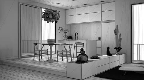 Unfinished project of kitchen with dining table, chairs and pendant lamp, suc Stock Illustration