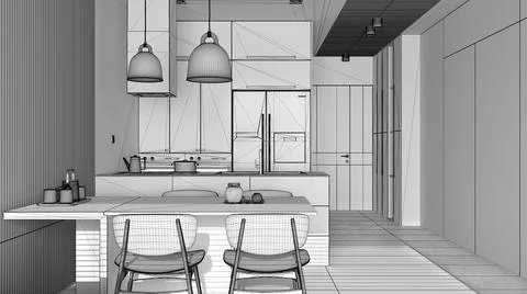 Unfinished project of modern kitchen with dining room and wooden wall details Stock Illustration