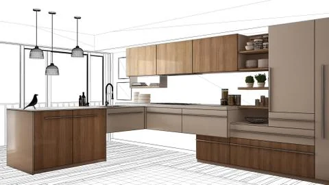 Unfinished project, under construction draft, concept interior design sketch, Stock Illustration