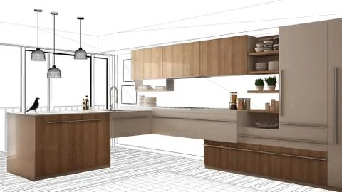 Unfinished project, under construction draft, concept interior design sketch, Stock Illustration