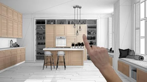 Unfinished project, under construction draft, concept interior design sketch, Stock Illustration