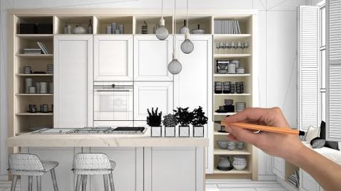 Unfinished project, under construction draft, concept interior design sketch, Stock Illustration