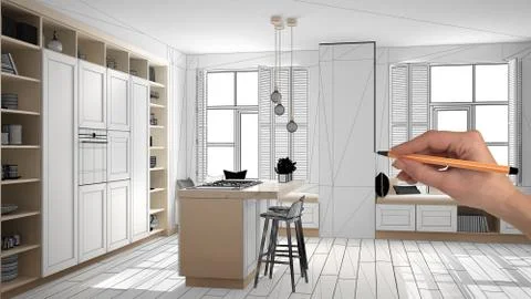 Unfinished project, under construction draft, concept interior design sketch, Stock Illustration