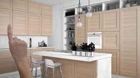 Unfinished project, under construction draft, concept interior design sketch, Stock Illustration