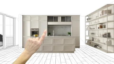 Unfinished project, under construction draft, concept interior design sketch, Stock Illustration