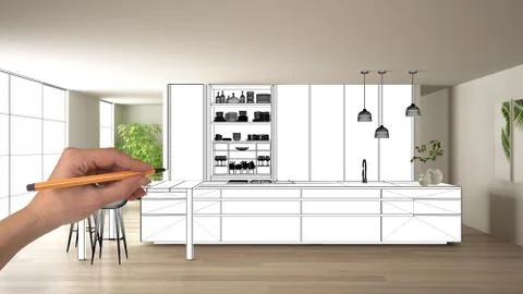 Unfinished project, under construction draft, concept interior design sketch, Stock Illustration