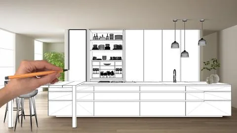 Unfinished project, under construction draft, concept interior design sketch, Stock Illustration