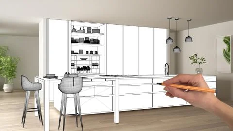 Unfinished project, under construction draft, concept interior design sketch, Stock Illustration