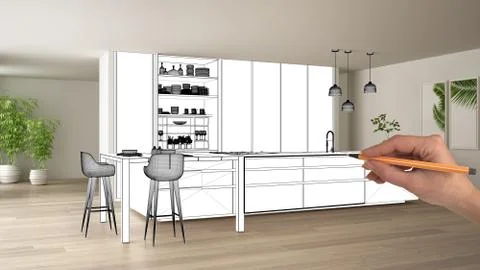 Unfinished project, under construction draft, concept interior design sketch, Stock Illustration