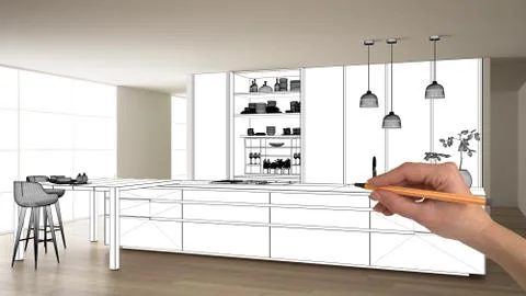 Unfinished project, under construction draft, concept interior design sketch, Stock Illustration