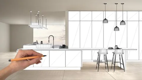 Unfinished project, under construction draft, concept interior design sketch, Stock Illustration