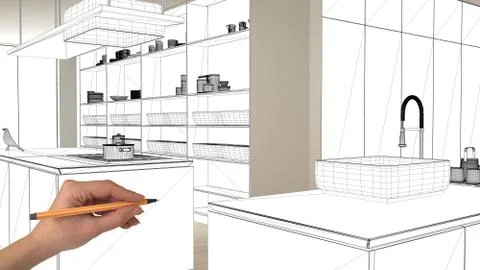 Unfinished project, under construction draft, concept interior design sketch, Stock Illustration