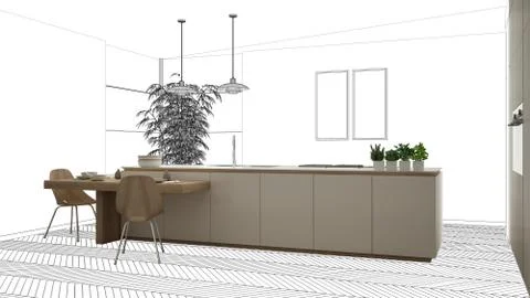 Unfinished project, under construction draft, concept interior design sketch, Stock Illustration