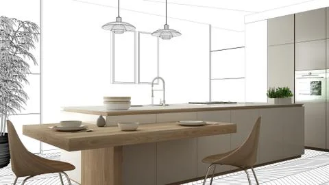 Unfinished project, under construction draft, concept interior design sketch, Stock Illustration