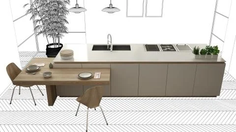 Unfinished project, under construction draft, concept interior design sketch, Stock Illustration