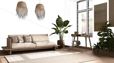 Unfinished project, under construction draft, concept interior design sketch, Stock Illustration