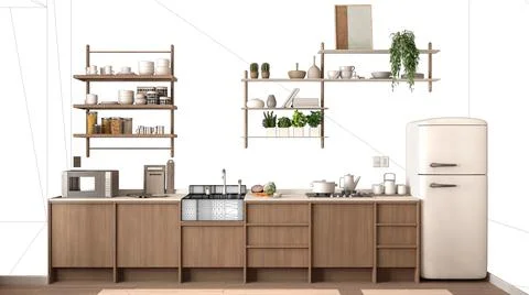 Unfinished project, under construction draft, concept interior design sketch, Stock Illustration