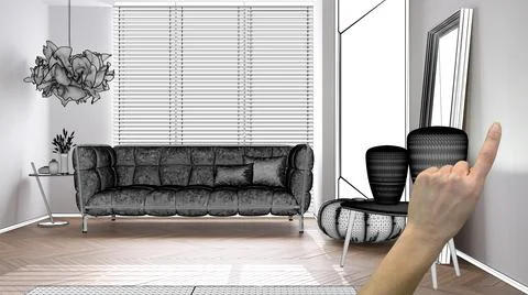 Unfinished project, under construction draft, concept interior design sketch, Stock Illustration