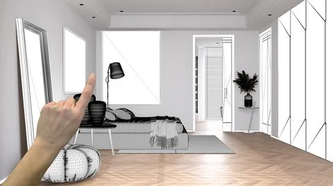 Unfinished project, under construction draft, concept interior design sketch, Stock Illustration