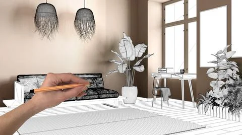 Unfinished project, under construction draft, concept interior design sketch, Stock Photos