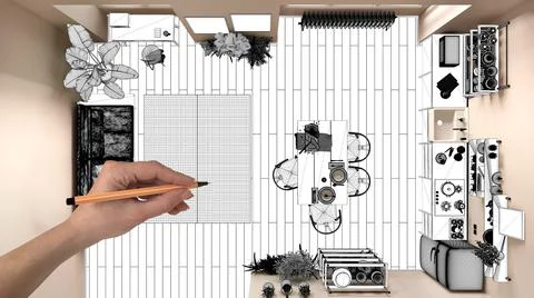 Unfinished project, under construction draft, concept interior design sketch, Stock Photos
