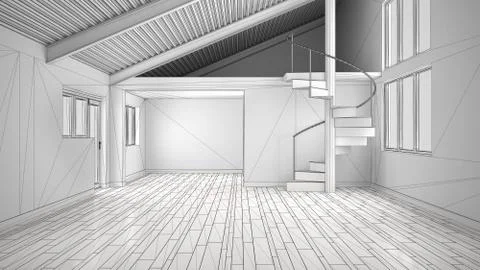 Unfinished project of white modern empty interior, open space with mezzanine  Stock Illustration