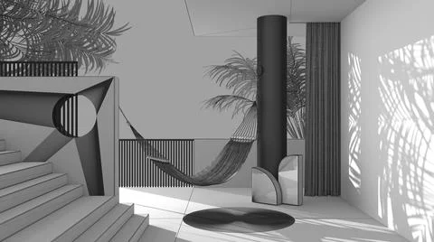 Unfinished white project draft, dreamy terrace, over panorama, tropical palm  Ilustração Stock