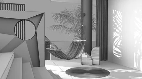 Unfinished white project draft, dreamy terrace, over panorama, tropical palm  Ilustração Stock