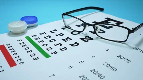 Unfocused eye chart on the table with glasses and a container for lenses Stock Footage 290520616