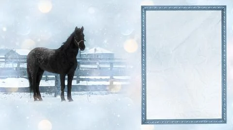 Unfocused snow-covered rustic background with horse and text frame. The concept 写真素材