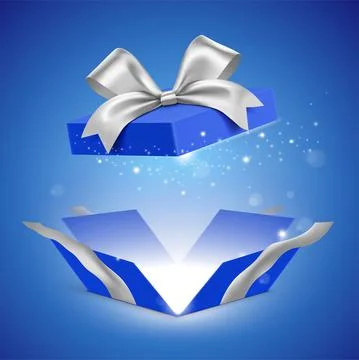 Unfolded blue gift box with silver ribbon and glitter light shining from inside Stock Illustration