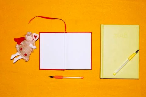 Unfolded notebooks with white sheets on a colored background in a cell Stock Photos