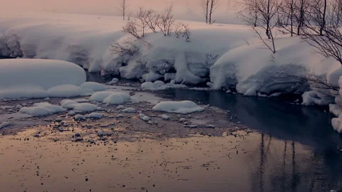Unfrozen Stream Winter Evening. Seamless Loop 스톡 동영상 106464756