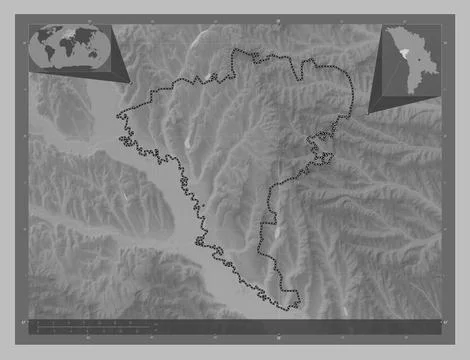 Ungheni, Moldova. Grayscale elevation map with lakes and rivers Illustrazione stock