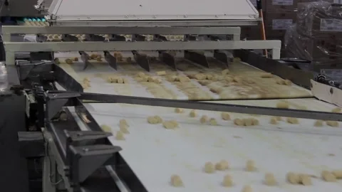Unglazed candy bars move along a conveyor belt in a confectionery factory. Stock Footage 128643075