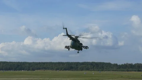 Ungraded: Military Helicopter With Symbols of Air Force of Republic of Belarus Stock Footage