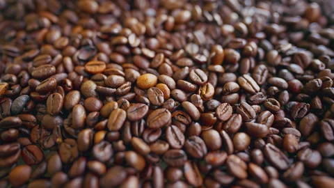 Unground Coffee beans are lying on the kitchen table. Stock Footage 333009200