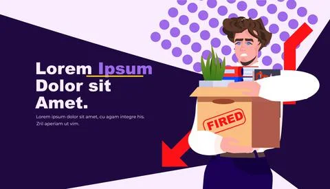 Unhappy business man holding cardboard box with things you are fired dismissal Stock Illustration