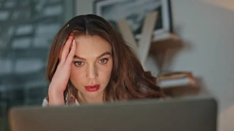 Unhappy ceo solving problem working at night. Portrait tired manager analyzing Stock Footage 279572039