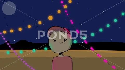 Unhappy lonely person near colorful string lights, graphics Stock Illustration