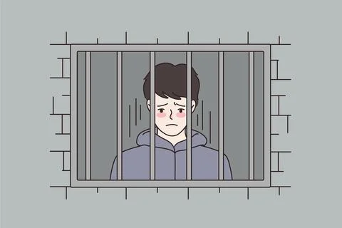 Unhappy man convict behind bars in jail Stock Illustration