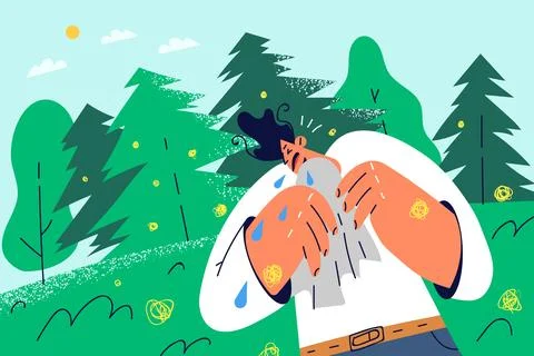 Unhappy man crying being lost in forest Stock Illustration