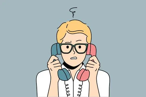 Unhappy man feel confused talking on landline phones Stock Illustration