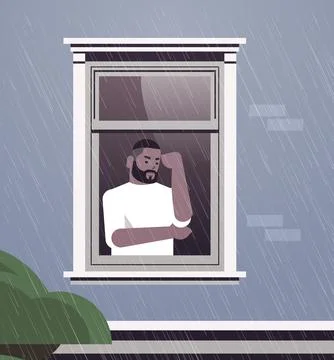 Unhappy man looking at window guy feeling desperate thinking about problems Stock Illustration