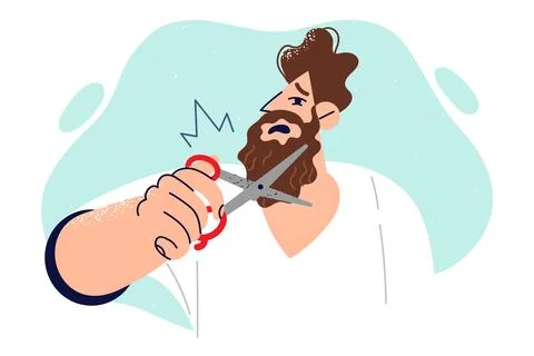 Unhappy man trims beard with scissors because of new dress code at work or Stock Illustration