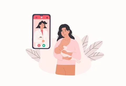 Unhappy mother using mobile app to consult with lactation consultant for Stock Illustration