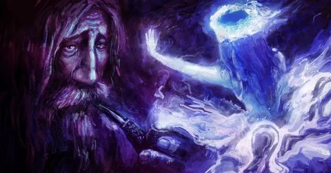 An unhappy old wizard cries while smoking a pipe from which smoke comes out f Illustration