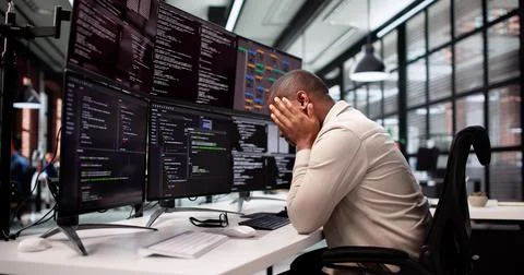 Unhappy Programmer Caught In Maze Of Broken Software And Stress. 库存照片
